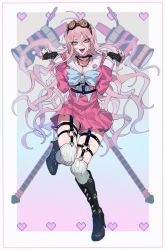 Rule 34 | 1girl, barbed wire, black choker, black footwear, black gloves, blue bow, blue eyes, boots, bow, breasts, choker, cleavage, collarbone, danganronpa (series), danganronpa v3: killing harmony, fingerless gloves, full body, gloves, goggles, goggles on head, gradient background, hammer, hands up, heart, high heel boots, high heels, inuyama (inuhill), iruma miu, jewelry, knee boots, leg up, long hair, long sleeves, necklace, o-ring, open mouth, pink hair, pink shirt, pink skirt, pixel heart, pleated skirt, sailor collar, sailor shirt, school uniform, shirt, skirt, solo, thighhighs, tongue, tongue out, white thighhighs