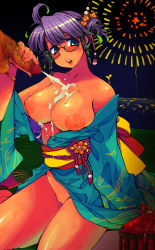 Rule 34 | 1boy, 1girl, bare shoulders, blush, breasts, censored, cleavage, copyright request, cum, cum on body, cum on breasts, cum on upper body, eroe, glasses, handjob, hetero, japanese clothes, kimono, large areolae, large breasts, mosaic censoring, nipples, no panties, open mouth, penis, photoshop (medium), puffy nipples, purple eyes, purple hair, pussy, short hair, smile, testicles, yukata