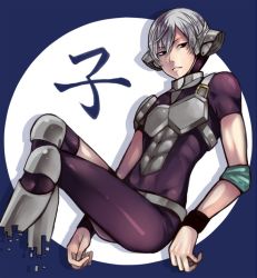 Rule 34 | 1boy, armor, black eyes, blue background, circle, cropped legs, headgear, juuni taisen, looking at viewer, male focus, shin guards, short sleeves, silver hair, simple background, solo, sumino tsugiyoshi