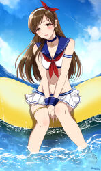 Rule 34 | 1girl, anchor earrings, anchor necklace, armband, arms between legs, bare shoulders, barefoot, bikini, bikini skirt, black choker, blue armband, blue sailor collar, blue sky, blue wrist cuffs, blush, breasts, brown eyes, brown hair, choker, cleavage, cloud, collarbone, contrail, day, earrings, fisheye, gen (enji), hairband, highres, horizon, idolmaster, idolmaster cinderella girls, idolmaster cinderella girls starlight stage, inflatable raft, jewelry, long hair, looking at viewer, medium breasts, navel, neckerchief, necklace, nitta minami, open mouth, outdoors, partially submerged, pleated skirt, red neckerchief, sailor collar, sitting, skirt, sky, smile, solo, swimsuit, thigh strap, twitter username, two-tone hairband, water, white bikini, white skirt, wrist cuffs