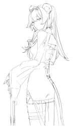 Rule 34 | 1girl, absurdres, animal ears, arknights, backless dress, backless outfit, closed mouth, dress, greyscale, hair intakes, hairband, hand up, high ponytail, highres, lin (arknights), long sleeves, looking at viewer, monochrome, mouse ears, mouse tail, rodrdo, sidelocks, simple background, skirt, solo, tail, wide sleeves