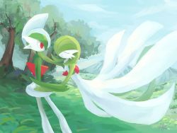Rule 34 | 1boy, 1girl, artist name, blue hair, blue sky, bob cut, closed eyes, cloud, colored skin, creatures (company), day, flat chest, from side, full body, gallade, game freak, gardevoir, gen 3 pokemon, gen 4 pokemon, grass, green hair, green skin, hair over one eye, hand on another&#039;s cheek, hand on another&#039;s waist, happy, highres, hinata kanata, mohawk, mountain, multicolored hair, multicolored skin, nintendo, one eye covered, open mouth, outdoors, pokemon, pokemon (creature), profile, short hair, signature, sky, smile, standing, tree, two-tone hair, two-tone skin, u u, white skin