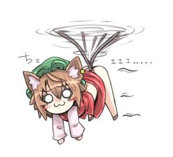 Rule 34 | 1girl, :3, animal ears, blush, brown hair, cat ears, cat tail, chen, chibi, closed mouth, earrings, flying, full body, hat, jewelry, long sleeves, looking at viewer, mob cap, multiple tails, ototobe, short hair, single earring, solid circle eyes, solo, tail, touhou, two tails