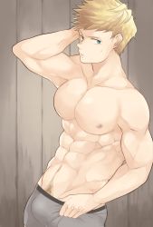 Rule 34 | 1boy, abs, aper, bara, blonde hair, boxer briefs, bulge, closed mouth, granblue fantasy, grey male underwear, hand on own face, highres, large pectorals, looking at viewer, male focus, male underwear, muscular, muscular male, navel, nipples, paid reward available, pectorals, short hair, solo, topless male, underwear, vane (granblue fantasy)