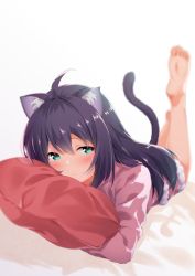 Rule 34 | 1girl, animal ear fluff, animal ears, aqua eyes, barefoot, blue eyes, blurry, blush, cat ears, cat tail, commentary, depth of field, feet up, full body, idolmaster, idolmaster million live!, kemonomimi mode, long hair, long sleeves, looking at viewer, lying, mochizuki anna, on stomach, pillow, purple hair, purple sweater, solo, sweater, tail, the pose, yuukyan (ucan85)