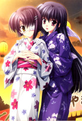 Rule 34 | 00s, 2girls, absurdres, amamiya yuuko, closed mouth, ef (visual novel), eyepatch, festival, gloves, hand on another&#039;s shoulder, highres, japanese clothes, kimono, lantern, long hair, looking at viewer, multiple girls, nanao naru, open mouth, outdoors, shindou chihiro, short hair, smile, yukata
