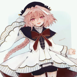 Rule 34 | 1boy, astolfo (angel breath) (fate), astolfo (fate), bow, braid, crossdressing, fate/grand order, fate (series), guri (grise 0823), hat, highres, long sleeves, male focus, official alternate costume, pale skin, pink hair, purple eyes, ribbon, short shorts, shorts, solo, trap