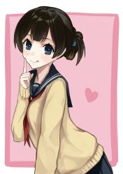 Rule 34 | 1girl, :q, ashiya hiro, blue eyes, blue sailor collar, blue skirt, breasts, brown hair, cardigan, closed mouth, commentary request, folded ponytail, head tilt, heart, highres, index finger raised, leaning forward, long sleeves, looking at viewer, neckerchief, original, pleated skirt, red neckerchief, sailor collar, school uniform, serafuku, skirt, sleeves past wrists, small breasts, smile, solo, tongue, tongue out