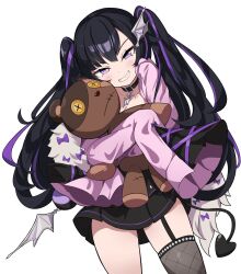 Rule 34 | 1girl, artist request, belt, belt collar, black belt, black dress, black garter straps, black hair, collar, collarbone, demon tail, dress, feather boa, garter straps, highres, holding, holding stuffed toy, jacket, long hair, moon momo, multicolored hair, pink jacket, purple eyes, purple hair, purple ribbon, ribbon, second-party source, shadow, single fishnet legwear, single garter strap, single thighhigh, sleeves past fingers, sleeves past wrists, smile, solo, streaked hair, stuffed animal, stuffed toy, tail, teddy bear, thighhighs, twintails, virtual youtuber, vlyz, wing hair ornament