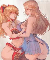 Rule 34 | 2girls, absurdres, ass, babydoll, blonde hair, bow, breasts, brown hair, butt crack, cleavage, covered erect nipples, frills, garter belt, garter straps, granblue fantasy, hair bow, highres, katalina (granblue fantasy), kuromoro, large breasts, lingerie, long hair, multiple girls, navel, ponytail, red eyes, see-through, sideboob, thighhighs, thong, two-tone bow, underwear, vira (granblue fantasy), white background, yuri