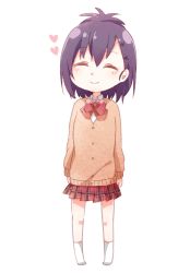 Rule 34 | 1girl, ^ ^, bafarin, cardigan, closed eyes, commentary request, closed eyes, full body, gabriel dropout, heart, highres, no shoes, purple hair, red neckwear, school uniform, simple background, smile, socks, solo, vignette tsukinose april, white background, white socks