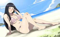 Rule 34 | 1girl, bikini, black hair, breasts, covered erect nipples, cyberunique, female focus, full body, highres, hyuuga hinata, large breasts, long hair, looking at viewer, naruto, naruto (series), navel, nipples, parted lips, purple eyes, sitting, smile, solo, swimsuit