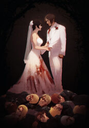 Rule 34 | 1boy, 1girl, armin arlert, black bodysuit, black hair, blood, blood on clothes, blood on face, blood on hands, bodysuit, breasts, bridal veil, brown hair, character request, clenched hand, closed eyes, commentary, corpse, death, dress, english commentary, eren yeager, hange zoe, hanpetos, hetero, highres, husband and wife, implied murder, large breasts, long dress, mikasa ackerman, shingeki no kyojin, short hair, strapless, strapless dress, tuxedo, veil, wedding dress, white dress