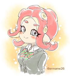 Rule 34 | 1girl, blazer, blush, bow, bowtie, breasts, collared shirt, commentary, eromame, grey eyes, jacket, looking at viewer, nintendo, octoling, octoling girl, octoling player character, orange background, pointy ears, red hair, school uniform, serafuku, shirt, smile, solo, splatoon (series), splatoon 2, splatoon 2: octo expansion, striped bow, striped bowtie, striped clothes, tentacle hair