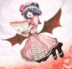 Rule 34 | 1girl, ashiyama yoshinori, bad id, bad pixiv id, bat wings, blue hair, bouquet, female focus, flower, flying, full body, gradient background, happy, hat, high heels, highres, looking at viewer, nature, open mouth, outdoors, pantyhose, plant, red eyes, remilia scarlet, ribbon, shoes, short hair, sky, solo, touhou, tulip, wings