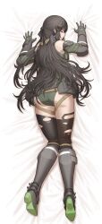 Rule 34 | 1girl, absurdres, black hair, blush, boots, bow, cheogtanbyeong, closed eyes, colored shoe soles, cosplay, dakimakura (medium), dandelion (girls&#039; frontline), detached sleeves, full body, girls&#039; frontline, gloves, grin, hair bow, highres, leotard, long hair, lying, m4a1 (girls&#039; frontline), m4a1 (girls&#039; frontline) (cosplay), on stomach, ribbed leotard, smile, solo, thighhighs, torn clothes, torn thighhighs, very long hair