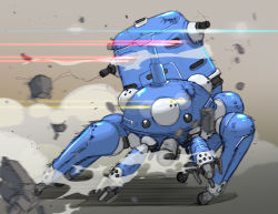 Rule 34 | action, claws, cyberpunk, damaged, debris, dust cloud, ghost in the shell, ghost in the shell stand alone complex, light trail, mecha, motion blur, no humans, non-humanoid robot, robot, rubble, science fiction, speed lines, tachikoma, walker (robot), wheel, william ruzicka