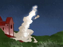 Rule 34 | distant, dust cloud, forest, hammer (sunset beach), nature, night, night sky, no humans, rocket, rocket ship, scarlet devil mansion, sky, spacecraft, star (sky), starry sky, touhou, tree