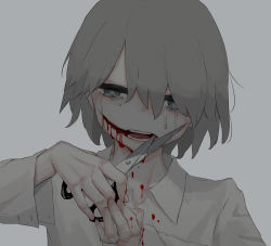 Rule 34 | 1boy, absurdres, avogado6, bleeding, blood, blood on clothes, blue eyes, collared shirt, commentary request, crying, crying with eyes open, glasgow smile, grey background, grey hair, guro, hair between eyes, head tilt, highres, holding, holding scissors, looking at viewer, male focus, muted color, original, scissors, self-harm, shirt, simple background, solo, tears, wing collar