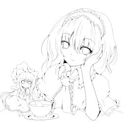 Rule 34 | 1girl, alice margatroid, bad id, bad pixiv id, capelet, cup, dress, female focus, greyscale, hairband, highres, holding, holding spoon, kuroneko (fragrant olive), lineart, monochrome, saucer, shanghai doll, solo, spoon, table, tea, teacup, touhou