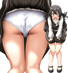 Rule 34 | 1girl, absurdres, ass, black dress, black hair, commentary request, commission, dress, full body, grey eyes, hair ornament, hairclip, highres, kantai collection, long hair, mary janes, multiple views, official alternate costume, open mouth, oyashio (kancolle), panties, pantyshot, pixiv commission, shoes, simple background, skirt hold, sweater, underwear, white background, white panties, white sweater, zanntetu, zoom layer