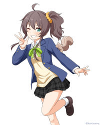 Rule 34 | 1girl, ahoge, arm up, artist name, black skirt, blazer, blue jacket, blush, brown hair, cardigan, collared shirt, commentary request, felutiahime, green eyes, grin, hair between eyes, highres, hololive, jacket, leg up, loafers, looking at viewer, matsurisu, natsuiro matsuri, neck ribbon, one eye closed, open clothes, open jacket, plaid, plaid skirt, pleated skirt, ribbon, shirt, shoes, side ponytail, sidelocks, simple background, skirt, smile, socks, solo, v, virtual youtuber, white background, white shirt, white socks, yellow cardigan