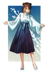 Rule 34 | 1girl, :&gt;, absurdres, artist name, bare legs, blue dress, blue eyes, brown hair, closed mouth, commentary request, double bun, dress, forehead, gradient background, hair bun, hair ornament, highres, japanese clothes, kimono, legs apart, long hair, long sleeves, original, parted bangs, shadow, shouz, solo, standing, two-tone background, white footwear, wide sleeves