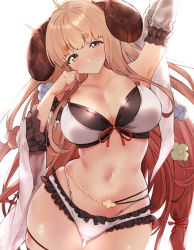 Rule 34 | 1girl, absurdres, ahoge, anila (granblue fantasy), anila (summer) (granblue fantasy), arm up, armpits, bare shoulders, belly chain, bikini, black bikini, blonde hair, blush, breasts, cleavage, closed mouth, collarbone, detached sleeves, draph, granblue fantasy, highres, horns, jewelry, large breasts, layered bikini, long hair, looking at viewer, navel, remora180, sheep horns, short eyebrows, smile, swimsuit, thighs, very long hair, white bikini, wide sleeves, yellow eyes