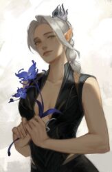 Rule 34 | 1girl, baldur&#039;s gate, baldur&#039;s gate 3, bare arms, bare shoulders, black vest, blue flower, breasts, closed mouth, collarbone, crown, dungeons &amp; dragons, flower, grey hair, highres, holding, holding flower, large breasts, long hair, multi-tied hair, official alternate hair color, shadowheart (baldur&#039;s gate), smile, solo, unii outlawed, upper body, vest, white background