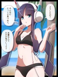 Rule 34 | 1girl, :o, absurdres, alternate costume, beach, bikini, black bikini, blunt bangs, blurry, blurry background, breasts, cleavage, cloud, collarbone, commentary request, creatures (company), day, elesa (pokemon), game freak, green eyes, headphones, highres, medium breasts, nail polish, navel, nintendo, notice lines, open mouth, outdoors, palm tree, pokemon, pokemon bw2, red nails, shabana may, shore, short hair with long locks, sidelocks, sky, solo, speech bubble, swimsuit, translation request, tree