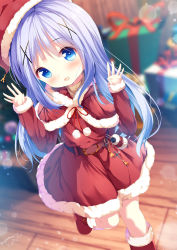 Rule 34 | 1girl, :d, belt, belt buckle, blue eyes, blue hair, blurry, blurry background, blush, boots, box, brown belt, buckle, capelet, chinomaron, christmas, commentary request, depth of field, dress, fur-trimmed boots, fur-trimmed capelet, fur-trimmed dress, fur-trimmed headwear, fur-trimmed sleeves, fur trim, gift, gift box, gochuumon wa usagi desu ka?, hair ornament, hands up, hat, head tilt, highres, kafuu chino, long hair, long sleeves, open mouth, pom pom (clothes), red capelet, red dress, red footwear, red hat, santa costume, santa hat, signature, sleeves past wrists, smile, solo, standing, standing on one leg, twitter username, very long hair, wooden floor, x hair ornament