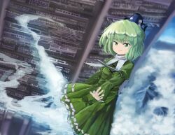 Rule 34 | 1girl, black hat, breasts, closed mouth, cloud, commentary request, cross-laced clothes, divine spirit mausoleum, dress, full body, ghost tail, green dress, green eyes, green hair, hat, highres, juliet sleeves, long sleeves, looking at viewer, medium bangs, ofuda, ofuda on clothes, puffy sleeves, sensi tobikage, short hair, small breasts, smile, soga no tojiko, solo, tate eboshi, touhou