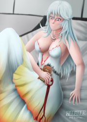 Rule 34 | 1girl, bad hands, breasts, highres, long hair, solo, tagme, white background, white hair