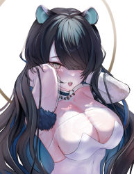 Rule 34 | animal ears, arms up, black hair, blue eyes, blush, breasts, cleavage, cleavage cutout, clothing cutout, erina makina, looking at viewer, multicolored hair, one eye covered, open mouth, phase connect, see-through, see-through cleavage, shirt, simple background, usa (yameusa), virtual youtuber, white background, white shirt