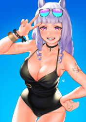 Rule 34 | 1girl, animal ears, biting tongue, black one-piece swimsuit, blue background, blush, bracelet, breasts, cleavage, drill hair, eyewear on head, gold ship (run revolt launcher) (umamusume), gold ship (umamusume), grin, hand on own hip, highres, horse ears, jewelry, large breasts, long hair, looking at viewer, medium breasts, nail polish, nanja, one-piece swimsuit, pink eyes, pink nails, purple hair, simple background, smile, solo, sunglasses, swimsuit, tattoo, tongue, tongue out, umamusume, w