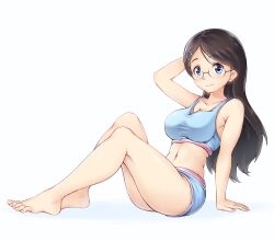 Rule 34 | 1girl, arm support, barefoot, black hair, blue shorts, blue sports bra, blush, breasts, character name, cleavage, closed mouth, collarbone, commentary, feet, glasses, hair ornament, hairclip, highres, large breasts, long hair, looking at viewer, looking to the side, midriff, navel, saitou kaede (yama no susume), shorts, simple background, smile, solace, solo, sports bikini, sports bra, textless version, thighs, toenails, toes, underwear, white background, yama no susume