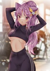 Rule 34 | 1girl, adidas, anyuu, arms behind head, black pants, black shirt, blurry, blurry background, braid, brand name imitation, breasts, cameltoe, commentary request, cone hair bun, cowboy shot, crop top, depth of field, fang, genshin impact, groin, hair bun, hair ornament, highres, keqing (genshin impact), long hair, looking at viewer, medium breasts, open mouth, pants, ponytail, purple hair, red eyes, shirt, solo, sportswear, standing, underboob, v-shaped eyebrows, very long hair