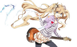 Rule 34 | 1girl, alternate hair color, blonde hair, electric guitar, floating hair, guitar, hatsune miku, instrument, jewelry, long hair, necklace, ooi choon liang, open mouth, pantyhose, plectrum, simple background, skirt, solo, striped, twintails, very long hair, vocaloid, white background