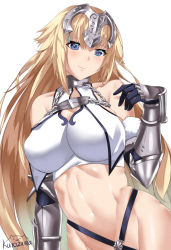 Rule 34 | 1girl, armor, blonde hair, blue eyes, blush, breasts, chain, closed mouth, collar, crop top, elbow gloves, fate/apocrypha, fate (series), fur-trimmed gloves, fur trim, gauntlets, gloves, headpiece, highres, jeanne d&#039;arc (fate), jeanne d&#039;arc (ruler) (fate), jeanne d&#039;arc (third ascension) (fate), kurozawa yui, large breasts, long hair, looking at viewer, metal collar, smile, solo, very long hair