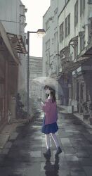 Rule 34 | 1girl, anyotete, black hair, blue dress, blue eyes, canopy (shelter), city, cityscape, commentary, day, dress, english commentary, highres, holding, holding umbrella, jacket, lamppost, long sleeves, looking at viewer, looking back, open clothes, open jacket, open mouth, original, outdoors, pink jacket, plant, pleated dress, potted plant, rain, reflection, scenery, socks, solo, transparent, transparent umbrella, umbrella, white socks, wide shot