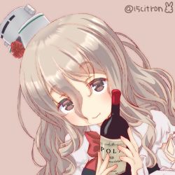 Rule 34 | 15citron, 1girl, blush, bottle, brown eyes, closed mouth, grey hair, hair between eyes, hat, holding, holding bottle, kantai collection, long hair, long sleeves, looking at viewer, one-hour drawing challenge, pink background, pola (kancolle), simple background, solo, twitter username, upper body, wavy hair, wine bottle