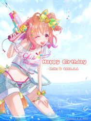 Rule 34 | 1girl, ;), a chika-tastic summer (love live!), alternate hairstyle, antenna hair, artist name, artist request, bare legs, bare shoulders, bikini, bikini under clothes, blue pants, blue shorts, blue sky, blush, bow, bracelet, braid, breasts, bridal garter, cleavage, clothes writing, cloud, collarbone, day, earrings, female focus, food-themed hair ornament, hair bow, hair ornament, hairclip, halterneck, hand on own knee, heart (symbol), highres, holding, holding water gun, jewelry, looking at viewer, love live!, love live! school idol festival, love live! school idol festival all stars, love live! sunshine!!, medium hair, ocean, off-shoulder shirt, off shoulder, one eye closed, open fly, orange bow, orange hair, orange hair ornament, outdoors, pants, parted bangs, parted lips, pearl bracelet, pink bikini, polka dot, polka dot bow, ponytail, red eyes, ribbon, ritsuka (pixiv45801498), ritsuka (rituka 0 0 9955), rituka, see-through, see-through shirt, see-through sleeves, shirt, short hair, short sleeves, shorts, side braid, side ponytail, single braid, sky, small breasts, smile, solo, strap slip, striped bikini, striped bow, striped clothes, striped pants, striped shorts, striped tank top, suspenders, suspenders hanging, swimsuit, takami chika, tank top, teeth, thighlet, triangle hair ornament, two-tone bikini, v-shaped eyebrows, vertical-striped clothes, vertical-striped shorts, water gun, wink, wrist bow, yellow bow, yellow ribbon