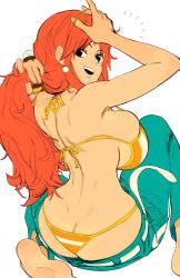 Rule 34 | 1girl, absurdres, aqua pants, ass, bikini, bikini under clothes, breasts, brekkist, butt crack, dimples of venus, downpants, earrings, feet, highres, jewelry, large breasts, long hair, looking at viewer, nami (one piece), one piece, orange hair, pants, sideboob, smile, solo, striped bikini, striped clothes, swimsuit, teeth, whale tail (clothing)