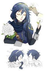 Rule 34 | 1boy, 1girl, blue gloves, blue hair, blush, bouquet, brown gloves, chrom (fire emblem), daisy, eclectic, eye contact, closed eyes, father and daughter, fingerless gloves, fire emblem, fire emblem awakening, flower, gloves, hair between eyes, hair flower, hair ornament, holding, lips, long hair, looking at another, lucina (fire emblem), nintendo, sleeping
