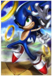 Rule 34 | 1boy, artist name, blue skin, border, colored skin, furry, furry male, gloves, green eyes, green hill zone, jimbobox, male focus, motion blur, running, shoes, smile, sneakers, solo, sonic (series), sonic the hedgehog, watermark, web address, white gloves