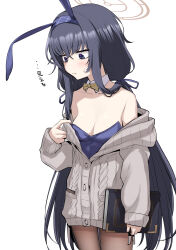 Rule 34 | 1girl, absurdres, animal ears, black hair, blue archive, blue eyes, book, bow, bowtie, breasts, cardigan, detached collar, grey cardigan, halo, highres, holding, holding book, leotard, leotard under clothes, long hair, pantyhose, playboy bunny, rabbit ears, ricochet-gou, small breasts, ui (blue archive)