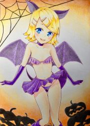 Rule 34 | 00s, 1girl, absurdres, animal ears, bat ears, bat tail, bat wings, blonde hair, blue eyes, blush, breasts, cameltoe, choker, costume, fang, gloves, hair ornament, hairclip, halloween, halloween costume, highres, kagamine rin, light blush, looking at viewer, navel, open mouth, panties, pumpkin, purple panties, short hair, silk, skirt, small breasts, smile, solo, spider web, standing, tail, traditional media, tsukimizakura, underwear, vocaloid, wings