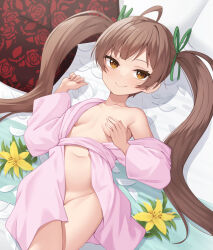 Rule 34 | 1girl, ahoge, bare shoulders, binsen, blush, breasts, brown eyes, brown hair, closed mouth, collarbone, commentary request, covering privates, covering breasts, floral print, flower, green ribbon, groin, hair ribbon, hakozaki serika, hand up, highres, idolmaster, idolmaster million live!, japanese clothes, kimono, long hair, looking at viewer, lying, off shoulder, on back, open clothes, open kimono, petals, pink kimono, ribbon, rose print, small breasts, smile, solo, twintails, very long hair, yellow flower