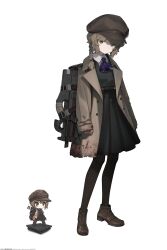 Rule 34 | 1girl, ascot, astg, black pantyhose, black skirt, blood, blood on clothes, boots, braid, brown bag, brown coat, brown footwear, brown hair, brown headwear, bullpup, closed mouth, coat, collared shirt, female commander (girls&#039; frontline), full body, girls&#039; frontline, grey eyes, gun, highres, long sleeves, looking at viewer, mole, mole under eye, p90, pantyhose, personal defense weapon, pleated skirt, purple ascot, shirt, simple background, skirt, submachine gun, weapon, white background, white shirt