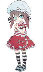 Rule 34 | 1girl, aged down, black ribbon, black thighhighs, blue eyes, blue footwear, blush, bow, brown hair, child, closed mouth, dot mouth, expressions, frilled skirt, frills, full body, hair ribbon, hands up, hat, hat bow, highres, hololive, looking at viewer, medium hair, mocha (snowflake), natsuiro matsuri, red shirt, red skirt, ribbon, sandals, shirt, short sleeves, simple background, skirt, solo, standing, striped clothes, striped shirt, tachi-e, thighhighs, twintails, virtual youtuber, white background, white bow, white hat